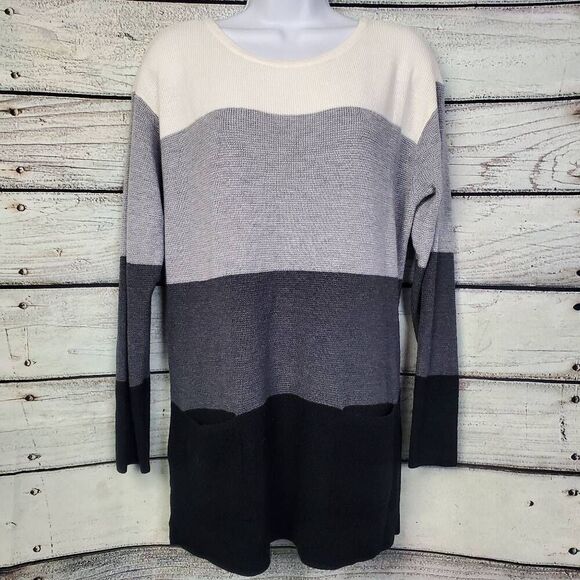 Vince Camuto Large Colorblock Knit Hoodie Sweater Brown Beige Gray Stripe Pullov - Picture 1 of 7